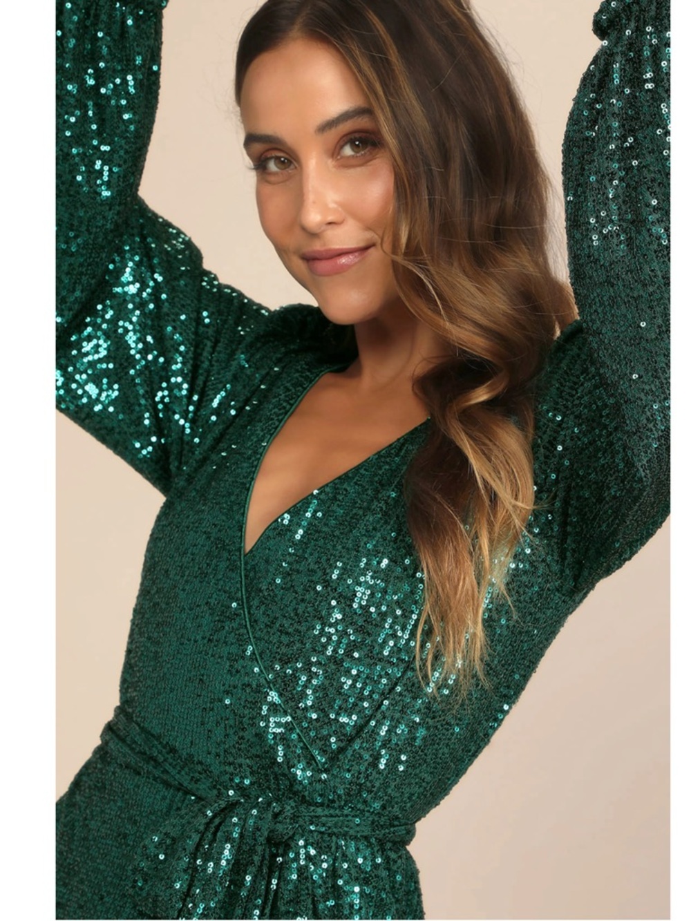 NWT Lulu’s Sparkly Darling Emerald Green Sequin Long Sleeve Wrap Mini Dress Chic - Picture 8 of 12